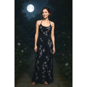 Adrianna Papell Size 8 Evening Gown Black Silver Moonlight Floral Embroidery